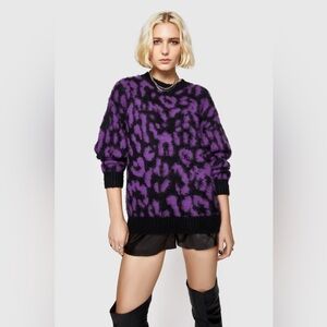Rebecca Minkoff Purple and Black Gordon Leopard Print Crewneck Fuzzy Sweater M
